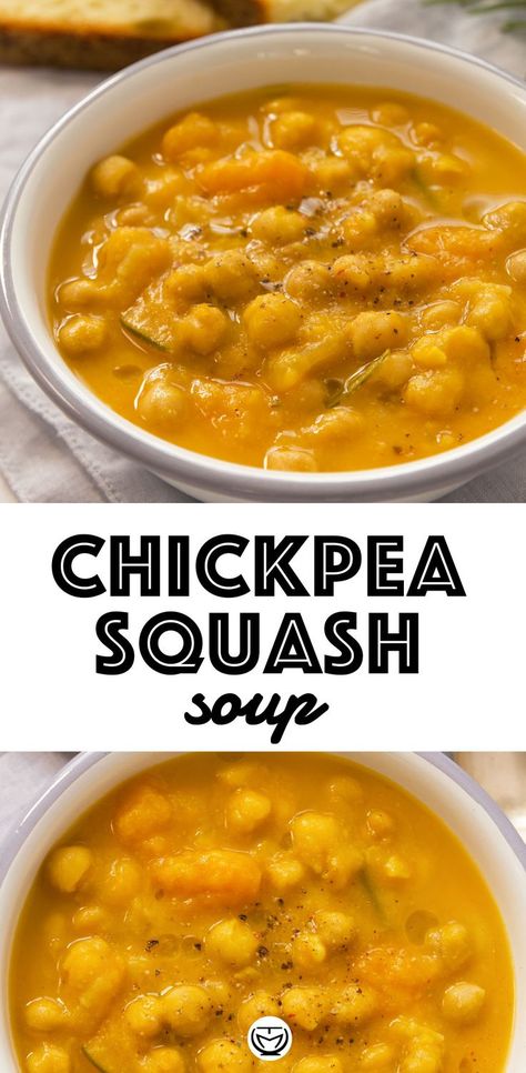 This delicious soup is thick and creamy, quick to make, healthy, cheap, freezes brilliantly, and the only thing it needs is hot crusty bread for dunking! #veganrecipes #souprecipes #chickpearecipes #butternutsquashrecipes #cheapdinners #healthydinners #detoxsoups #vegetarianrecipes #glutenfreerecipes Creamy Chickpea Soup, Soup With Squash, Soup With Butternut Squash, Creamy Chickpea, Bisque Soup, Cheap Clean Eating, Chickpea Soup, Chickpea Recipes, Squash Soup