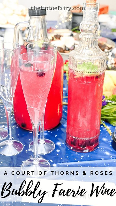 How to make ACOTAR Faerie Wine | The TipToe Fairy Fairy Inspired Cocktails, Fairy Wine Recipe, Fairy Alcohol Drinks, Acotar Inspired Drinks, Fairy Party Drinks, Acotar Inspired Food, Acotar Cocktails Ideas, Acotar Drink Recipes, Night Court Party Acotar