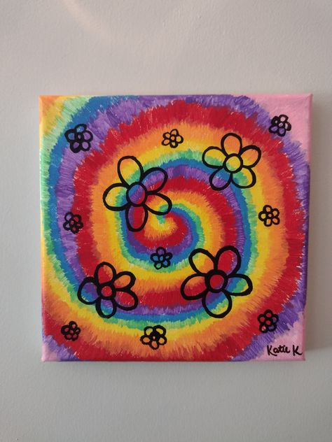 This vibrant tie-dye painting is sure to brighten up any room with its array of colors! The flowers tie together the happy hippie feel of the painting. This painting is part of my groovy hippie collection. This painting was done with acrylic paint on stretched canvas.  Check out my other paintings of animal silhouettes, petite fruits, groovy hippy themes, and more! Tie Dye Painting On Canvas, Cool Things To Paint On Canvas Trippy, Trippy Acrylic Painting, Dye Painting, Hippie Painting Ideas, Flower Canvas Painting, Tie Dye Painting, Uv Painting, Art Mini Toile