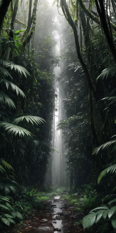 The image is a tall, narrow, vertical rectangle. It is a photo of a jungle path. The path is in the foreground, and it is made of dirt and is wet from the rain. On either side of the path is a dense jungle. The trees are tall and have large green leaves. The leaves are so dense that they block out the sun, and it is dark and gloomy in the jungle. The only light comes from a few small rays of sunlight that shine through the trees. The image is very realistic, and it feels like you are actually there in the jungle. Jungle Astethic, Aesthetic Realistic Pictures, Dark Jungle Aesthetic, Scary Jungle, Jungle Photos, Photo Jungle, Soothing Pictures, Vietnam Jungle, Jungle Environment