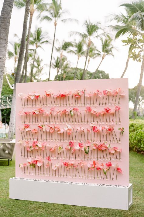 Looking to bring some whimsical romance to your wedding Then, think pink for 2023. This couple used pink arthriniums and backdrop for their unique wedding seating chart. See all the colors we predict to be popular this year at the link. // Photo: Rebecca Yale Photography Wedding Seating Chart Display, Popular Wedding Colors, Stunning Wedding Venues, Real Weddings Photos, Whimsical Wedding, Seating Chart Wedding, Hawaii Wedding, Popular Wedding, Island Weddings