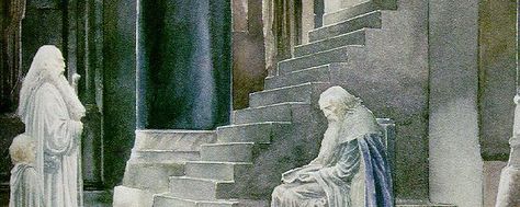 "I will not bow to this Ranger from the North, last of a ragged house long bereft of lordship!"     "Authority is not given you to deny the Return of the King, Steward!"     "The rule of Gondor is mine, and no other's!"      —Denethor and Gandalf Alan Lee Art, Tolkien Artwork, Billy Boyd, Minas Tirith, Alan Lee, John Howe, Middle Earth Art, Tolkien Books, Tolkien Art