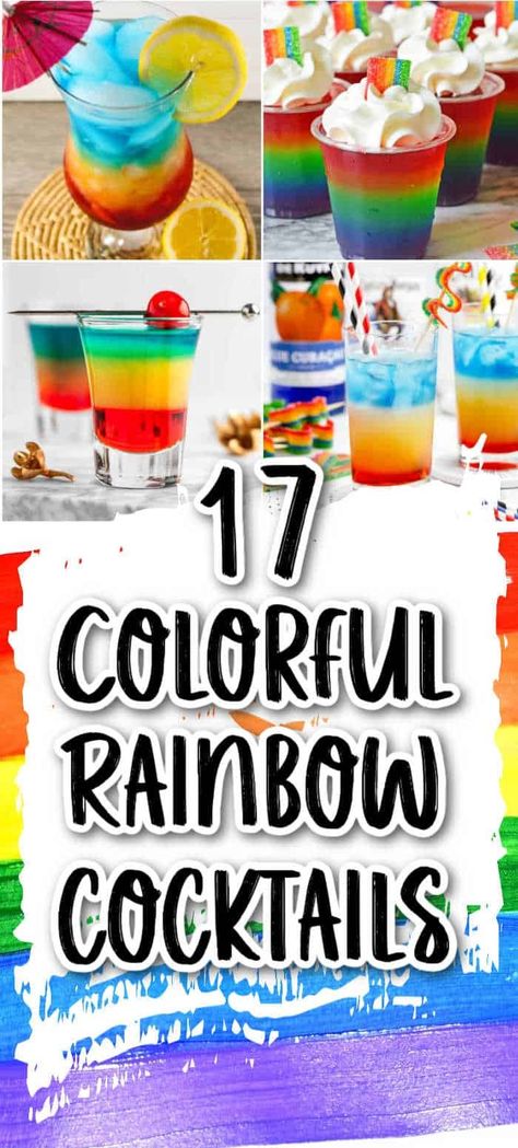 Taste the rainbow with these delicious and fun cocktail recipes! Perfect for parties and gatherings they are as delicious as they are colorful! Rainbow Drink Aesthetic, Themed Drink Night Ideas, Rainbow Mocktails Non Alcoholic, Pride Month Cocktails, Pride Cocktail Recipes, Rainbow Margarita, Breakfast Alcoholic Drinks, Pride Drinks, Rainbow Lemonade