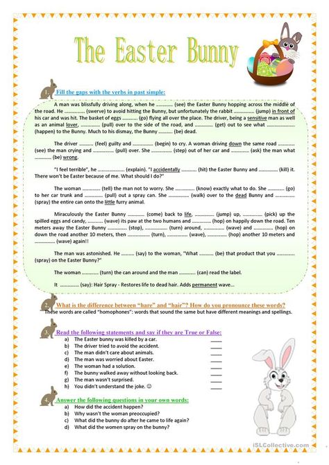 The Easter Bunny - funny reading, grammar, vocabulary - English ESL Worksheets for distance learning and physical classrooms Easter Reading Comprehension, Teaching Adjectives, Easter Jokes, Easter Worksheets, Esl Reading, Word Formation, Past Simple, Grammar Vocabulary, Reading Humor