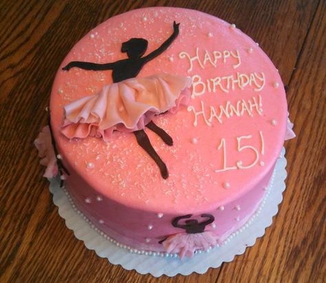 Ballerina Silhouette cake for the birthday girl Hannah! 8 inch round, 2 layer cake, iced in all buttercream with ballerina silhouettes and ruffled tutus made out of candy clay, sugar sprinkles and edible pearls! Finished with a sheer white ribbon! Ballet Birthday Cakes, Birthday Cake Girls Teenager, Name Birthday Cake, Amaury Guichon, Ballet Cakes, Cake Designs For Girl, Dance Cakes, Silhouette Cake, Ballerina Silhouette