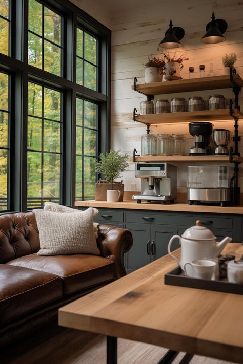 30 Cozy Farmhouse Coffee Bar Designs for Your Home Coffee Bar Ideas Dark Wood, Coffee Nook With Seating, Coffee Shop Inspired Kitchen, Laundry Room With Coffee Bar, Cozy Coffee Station, Coffee Nook In Pantry, Coffee Bar Area Ideas, Farmhouse Coffee Station Ideas, Living Room Coffee Bar