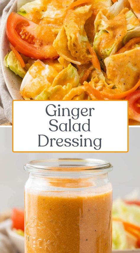 This ginger salad dressing tastes just like what you get at the hibachi restaurant, like Benihana! Quick and easy to make in the blender, my whole family loves this delicious Asian salad dressing alongside our favorite Japanese recipes... even the kids! Salad Dressing Asian, Ginger Dressing Japanese Easy, Ginger Salad Dressing Japanese, Asian Ginger Salad Dressing, Japanese Ginger Salad Dressing, Japanese Salad Dressing Recipe, Japanese Salad Dressing, Ginger Salad Dressing, Recipe With Ginger