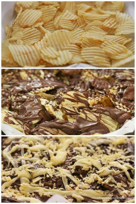 This Triple Chocolate Potato Chip Bark is a must-make for the sweet and salty fans in your life #potatochips #potatochipbark #candybarkrecipes #triplechocolate #candy #chocolatebark #chocolatedippedpotatochipsrecipe Potato Chip Bark, Candy Bark Recipes, Chocolate Potato Chips, Chocolate Covered Potato Chips, Potato Chip Recipes, Potato Chip Cookies, Chocolate Deserts, Easy Candy Recipes, Sugar Free Cookies