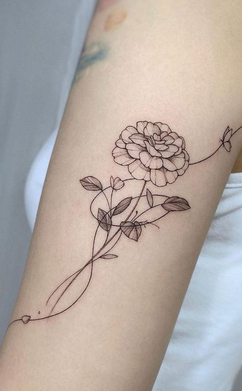 100 Meaningful Marigold Tattoos, Designs & Ideas - Tattoo Me Now Dainty Marigold Flower Tattoo, Fine Line Marigold Tattoo, Marigold Tattoo Small, Small Marigold Tattoo, Marigold Tattoo, Cosmos Tattoo, Carnation Tattoo, Maching Tattoos, Mom Tattoo Designs