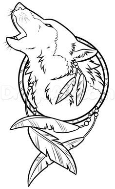 drawing a wolf dreamcatcher step 8 Indian Wolf, Wolf Dreamcatcher, Indian Dream Catcher, Wolf Colors, Native Beading, Wolf Drawing, Wood Burning Patterns, Wood Carving Patterns, Wolf Tattoos