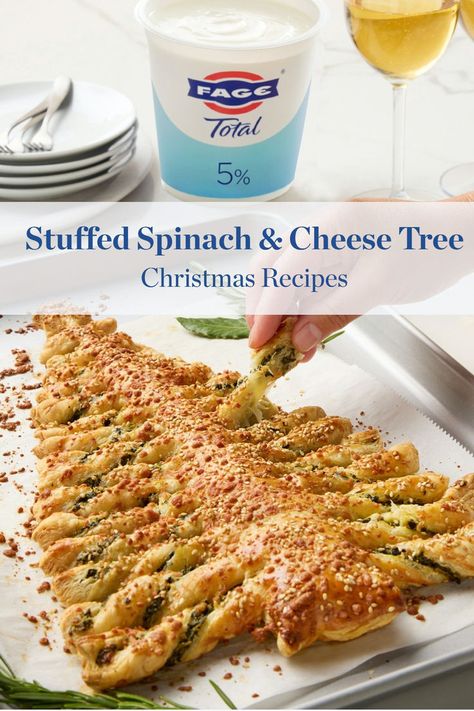 This fluffy, buttery Stuffed Spinach and Cheese Tree will bring the holiday cheer into your home this year. Sprinkled with parmesan cheese and sesame seeds, baked until crispy golden brown—this memorable appetiser will be gone in no time. #Baking #Cheese #Yoghurt #Christmas #Appetiser #Starter Cheese Christmas Tree, Boxing Day Food, Cheese Tree, Puff Pastry Recipes Savory, Cheese Christmas, Crab Salad Recipe, Spinach Cheese, Puff Pastry Recipes, Xmas Food