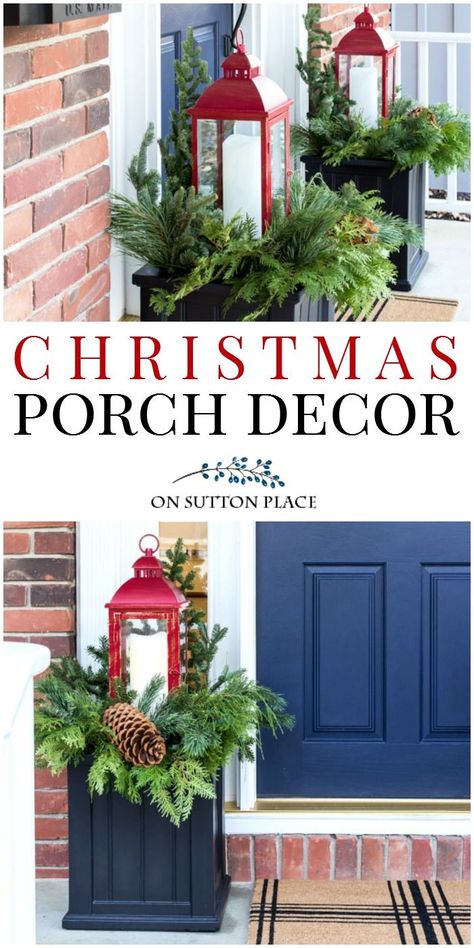 Easy Christmas Porch, Porch Decor Winter, Diy Christmas Light Decorations, Christmas Urns, Outdoor Christmas Planters, Red Lanterns, Outside Christmas Decorations, Diy Christmas Lights, Winter Planter