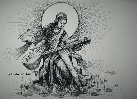 Saraswati Drawing, Saraswati Painting, Word Tattoo Ideas, Buddhist Art Drawing, Word Tattoo, Pen Art Work, Pen Drawings, Neck Tattoos, Pen Art Drawings