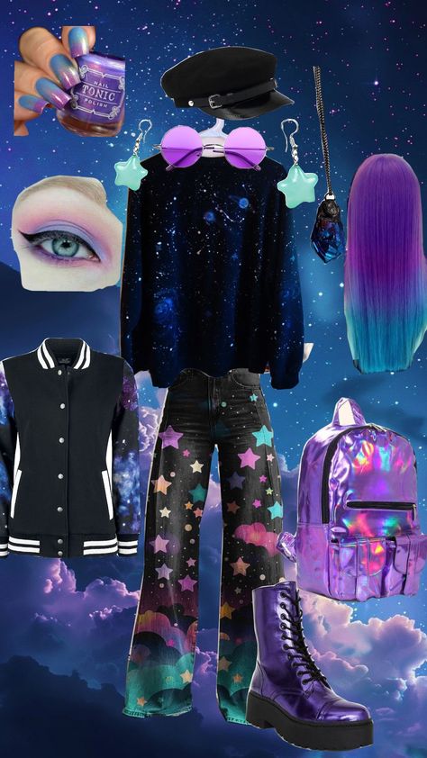 #fashioncollage #galaxy #dream #outfit Space Girl Outfit, Space Outfit Ideas, Space Outfit Aesthetic, Spacecore Fashion, Spacecore Outfits, Space Aesthetic Outfit, Webcore Fashion, Cosmic Outfit, Cosmic Clothing