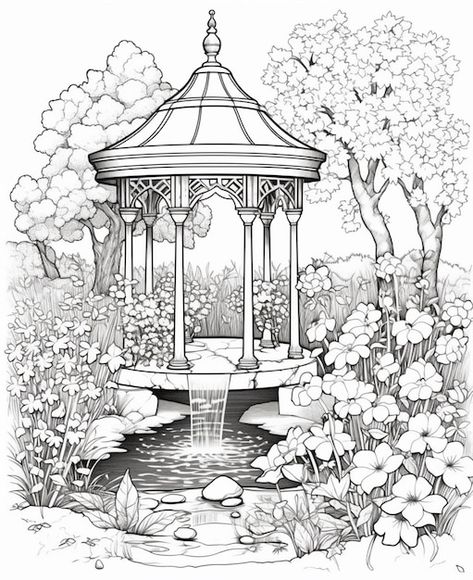 Garden With Flowers Drawing, Garden Pencil Drawing, Coloring Images For Adults, How To Draw A Flower Garden, House With Garden Drawing, Garden Background Drawing, Garden House Drawing, Flower Garden Sketch, Gazebo Drawing