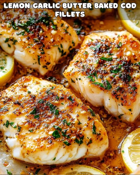 Lemon Garlic Butter Baked Cod: A Delicious and Easy Seafood Recipe Honey Garlic Cod Recipes, Cod Fish Scampi, Lemon Butter Cod Bowls, Lemon Herb Baked Cod, Lemon Garlic Cod Bowls, Cod One Pan Meal, Lemon Garlic Butter Cod Bowls, One Pan Cod Recipes, Cod Lunch Recipes