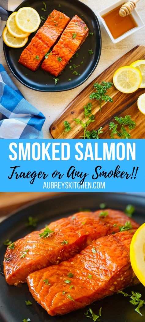 Hot Smoked salmon on a plate with sliced lemons. Smoked Salmon On Big Green Egg, Smoked Honey Salmon Recipes, Grilled Salmon On Traeger, Smoked Salmon Traeger Recipes, Treager Salmon Recipes, Salmon Recipes On Traeger, Treager Smoked Salmon Recipes, Smoked Salmon Pit Boss, Traeger Grill Recipes Salmon