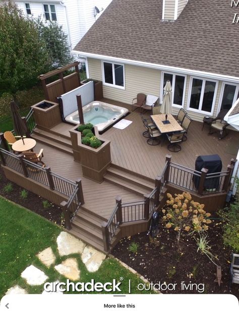 Backyard Landscaping With Screened In Porch, Hot Tub Back Deck Ideas, Deck Design Ideas Layout Outdoor Living, Level Deck Ideas, Deck Along Back Of House, Deck Back Of House, 2 Story Backyard Deck Ideas, Multi Layer Deck Ideas, Fenced In Deck