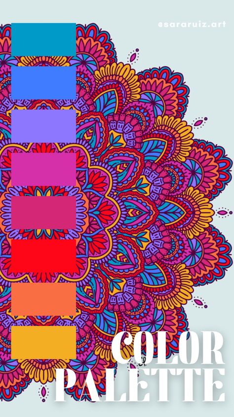 Art and color palette by Sara Ruiz Mandala Color Scheme Ideas, Mandala Color Scheme, Boho Color Combinations, Mandala Color Pallets, Color Palette For Mandala, Mandala Colour Palette, Color Palette Mandala, Mandala Color Combinations, Mandala Color Ideas