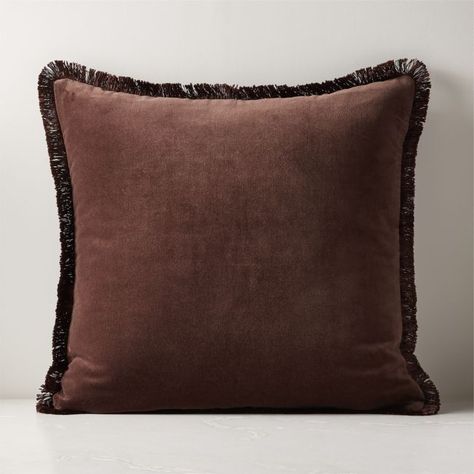 Rich tonal color is the secret to this seriously luxe throw pillow. Chocolate brown velvet is edged in a fringe of darker brown for a look that's polished and pulled together. CB2 exclusive.100% cotton velvetSelf backHidden zipper closureDry-clean onlyMade in India Brown Throw Pillow, Couch Accent Pillows, Brown Throw Pillows, Silk Throw Pillows, Velvet Throw Pillow, Brown Pillows, Modern Throw Pillows, Brown Velvet, Velvet Throw