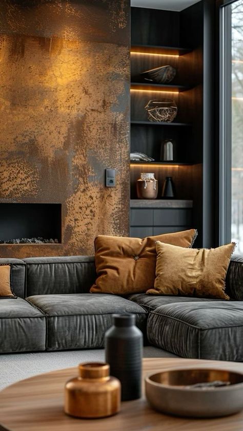 Gray Dark Brown Living Room, Dark Mid Century Living Room, Black And Brown Living Room, Loft Basement, Slab Fireplace, Brown Bedroom Ideas, Paint Deck, Rug Tattoo, Grey And Brown Living Room