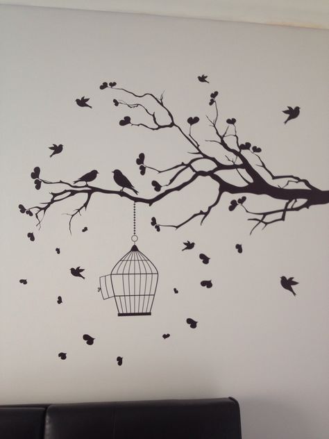 I love my new wall decal. The leaves and birds were all added separately and it was great fun applying them. Birds Wall Painting, Room Wall Drawing, Simple Wall Paintings, Wall Painting Living Room, Wall Drawings, Creative Wall Painting, Wall Art Diy Paint, Diy Wall Painting, Room Wall Painting