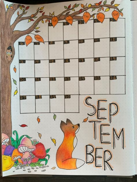 #calendar #september #fox #mushrooms #leaves #fall #autumn #woodland #bulletjournaling #bujo #bulletjournalideas #bujotheme Calendar Drawing Ideas September, September Calendar Journal, Fall Calendar Ideas September, September Whiteboard Ideas, Bujo Ideas September, September Calander Aesthetic, September Calendar Doodles, September Planner Layout, September Aesthetic Drawing