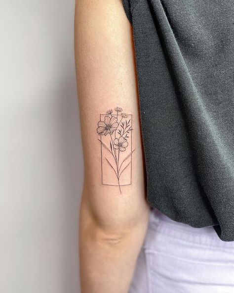 Flower In A Square Tattoo, Flower In A Box Tattoo, Flower Square Tattoo, Floral Tattoo Geometric, Framed Flowers Tattoo, Tattoo Placements On Arm, Flower Box Tattoo, Flower In Box Tattoo, Square Flower Tattoo