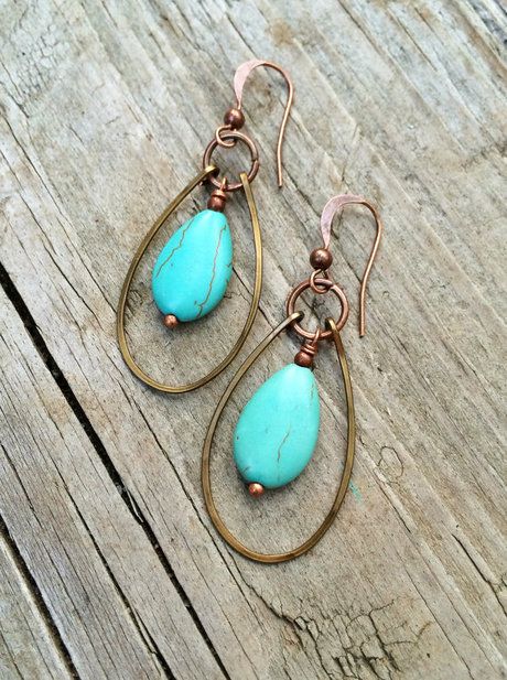 rustica jewlery - Craftfoxes Boho Jewelry Diy, Bijoux Fil Aluminium, Turquoise Hoop Earrings, Turquoise Earrings Dangle, Jewelry Turquoise, Dangle Hoop Earrings, Bohemian Earrings, Earrings Etsy, Turquoise Earrings