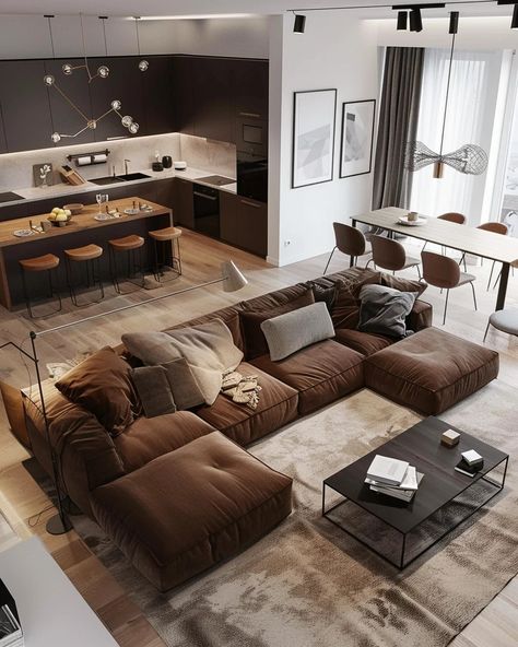 Apartment Living Room Decor Ideas Brown Dark Couch, Brown Room Interior Design, Brown Tan And Cream Living Room, Wood Beige Living Room, Styling Dark Brown Couch, Dark Brown And White Interior, Brown Aesthetic Living Room Decor, Brown Black And Gold Living Room, Black Brown Home Decor