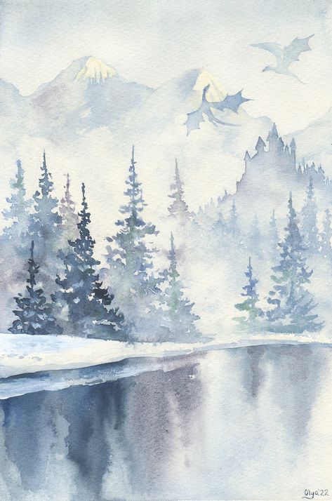 Dragon Watercolor Painting, Canada Watercolor, Dragon Paintings, Norse Dragon, Winter Dragon, Watercolour Trees, Dragon Watercolor, Watercolor Snow, Fantasy Winter