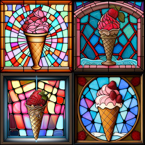 strawberry icecream, stained glass window Stained Glass Food, Stained Glass Paint, Glass Cakes, Strawberry Ice Cream, Ice Cream Sundae, Stained Glass Window, Stained Glass Art, Stained Glass Windows, Art Class