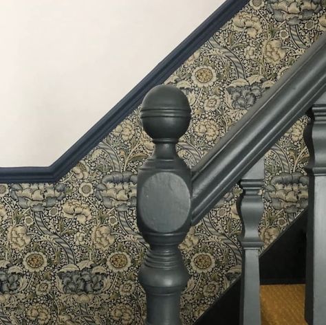 Dado Rail Ideas, Dado Rail Hallway, Hall Stairs And Landing Decor, Stairs And Landing Decor, Stairway Wallpaper, Hallway Wallpaper Ideas, Dark Woodwork, Staircase Wallpaper, Wallpaper Staircase