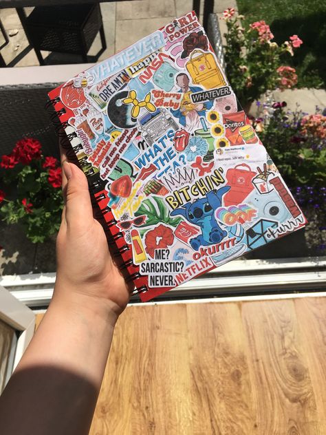 Stickers On Book Cover, Sticker On Notebook Cover, Notebook Covered In Stickers, Sticker Covered Things, Notebook Cover Art Diy, Stickers Placement Ideas, Decorating A Sketchbook Cover, Customized Notebooks Cover, Journal With Stickers On Cover