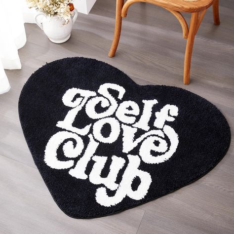 PRICES MAY VARY. -- CUTE RUG GIRLS ROOM DECOR -- This trendy heart-shaped rug is sure to add the perfect combination of comfort, color, and character to your living space. Unique and evocative Self Love Club design, with the empowering words "Self Love Club" written on it, will make it the talking point of any room – a powerful and inspiring addition to your home decor. -- FUNCTIONAL FUNKY THROW RUG -- Made a perfect minimalist indoor rug, cute bathroom rug, retro kitchen rug, aesthetic small be Funky Rugs Aesthetic, Tufting Rugs Ideas, Rugs In Bedroom Aesthetic, Rug Funky, Small Bedroom Rug, Tuft Rugs, Bedroom Aesthetic Boho, Aesthetic Rugs, Music Rug