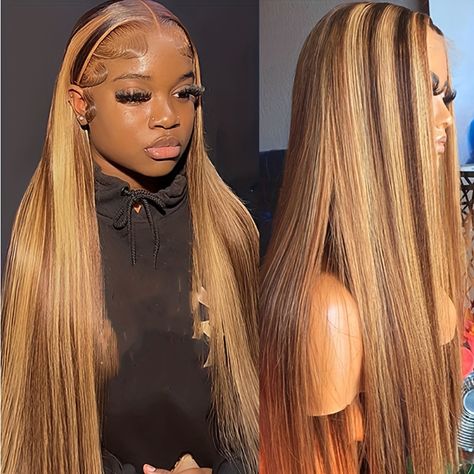 Highlight Lace Wig, Straight Wig Color Ideas, Highlight Human Hair Wig, Highlight Straight Wig, Straight Highlighted Wig, Piano Wig, Wigs With Highlights, Highlighted Wigs, Highlight Lace Front Wig