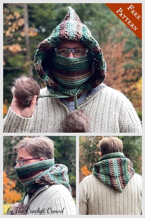 Men’s Crochet Pattern Free, Crochet Cowl For Men, Crochet Mens Clothes Pattern, Crochet Mens Hoodie, Crochet Hoodie For Men, Mens Crochet Patterns Free, Crochet Hat Scarf Combo Pattern, Crochet Scarf Hood, Mens Crochet Patterns