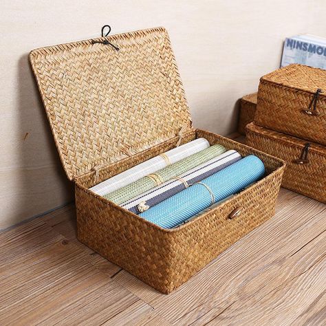 "straw weaving large rectangular storage box office table organization" Wicker Basket With Lid, Straw Weaving, Seagrass Storage Baskets, Wicker Box, Storage Baskets With Lids, Home Storage Solutions, Seagrass Basket, Woven Baskets Storage, Storage Boxes With Lids