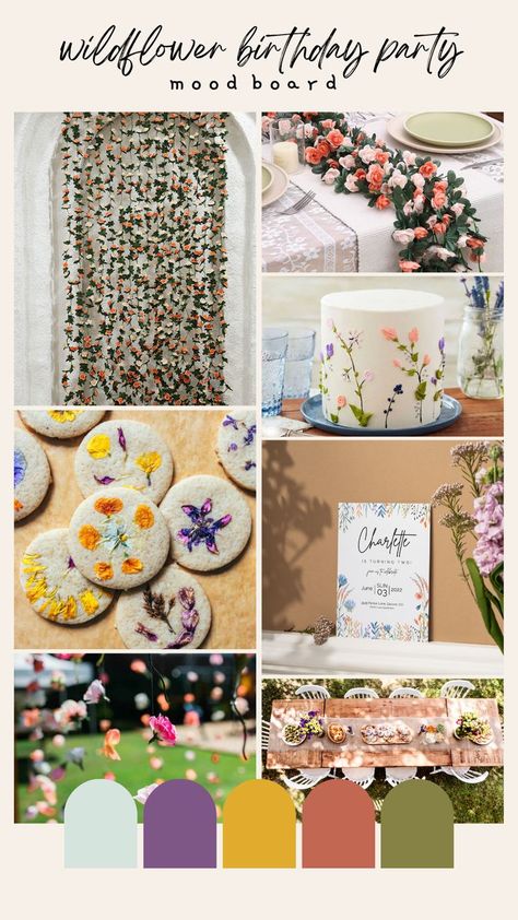 wildflower birthday party Party Mood Board, Wildflower Birthday Party, Arch Garden, Hanging Rose, Wildflower Birthday, Garden Background, Flowers Hanging, Birthday Party Background, Rose Vine