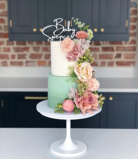 Here’s our little contribution to that gorgeous baby shower for the lovely @neevofficial ❤️ Creative styling and planning by… | Instagram 2 Tier Baby Shower Cake, Dahlia Cake, Baby Shower Cake Designs, Kate Baby, Tier Cakes, 2 Tier Cake, Creative Styling, Baby In Bloom