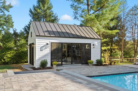 Makara 375 - Home Gym/Pool House - Transitional - Home Gym - DC Metro - by Makara ADU | Houzz Metal Pool House, Small Pool Houses Sheds, Small Poolhouse, She Shed Pool House, Pool House Guest House Combo, Tiny Pool House, Farmhouse Pool House, Pool House With Bathroom, Adu Designs