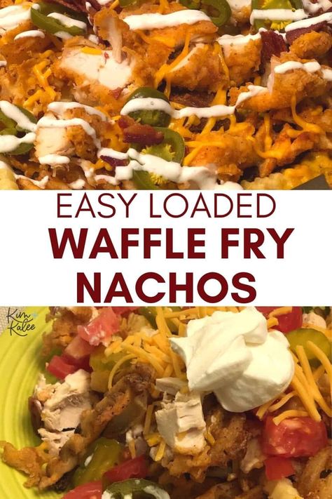 These Fried Chicken Loaded Waffle Fries skip the chips! Enjoy nachos with chicken, jalapeños, cooked bacon, and cheese on fries instead! #nachos #SuperBowlParty #GameDayFoods Waffle Fry Nachos, Loaded Waffle Fries, Nachos With Chicken, Fry Nachos, Weekend Recipes Dinner, Nacho Fries, Family Dinner Night, Fried Chicken Tenders, Frozen Waffles