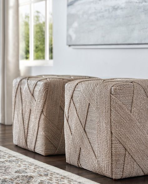 The texture of natural ropes like abaca, seagrass, and lampakanai creates the most striking finish with our series of fully hand-wrapped pieces. Discover more at the link in bio. Pictured: Illiana Coffee Tables, Hennley Hassock, Woodside Bed from @jeffreymarksinc collection #Palecek Ottoman Stool, Ottoman In Living Room, White Wash, Coffee Tables, Beach House, Link In Bio, Coffee Table, Texture, Coffee