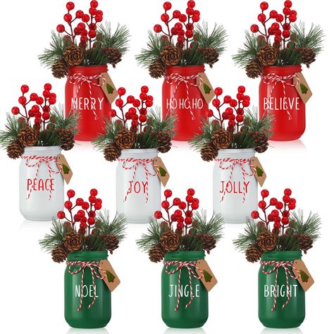 PRICES MAY VARY. Festive and Colorful Christmas Centerpieces for Tables: We offer Christmas themed mason jar kitchen decor in red, green, and white variety to seamlessly blend into your holiday decorations; Our pack includes 9 glass mason jars, 9 berry branches, 9 pine needle branches, 9 pine cone branches, 1 roll of red white cotton rope, 9 kraft paper cards, 1 sheet of stickers, bringing festive cheer to your space Reliable Glass Mason Jar Set: our kitchen theme decor sets comprise glass mason Diy Christmas Centerpieces For Table, Jar Christmas Crafts, Christmas Centerpieces Cheap, Mason Jar Christmas Decorations, Kitchen Tiered Tray, Spring Mason Jar, Mason Jar Kitchen Decor, Christmas Tree Decorations Ribbon, Mason Jar Christmas Crafts