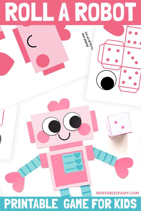 Looking for a Valentine's Day activity for preschoolers? Get this printable Roll a Robot game and start building your own robots with just a die! Build A Robot Printable, Roll A Robot, Robot Valentine Cards, Robot Printable, Robots Preschool, Dash Robot, Valentines Robots, Build Your Own Robot, Build A Robot