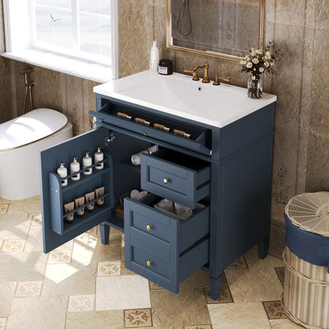 PRICES MAY VARY. Elegant & Minimalist Design: Our bathroom vanity captures clean lines, crisp geometry and contrasting use of mix material and color. With its classic, traditional style, and spacious storage options, this freestanding vanity is the perfect addition to any bathroom. High-quality Material: Our bathroom vanity with single sink features a solid wood base and a waterproof finish, making the vanity body sturdy and durable, the smooth surface of the ceramic sink and vanity top are easy Bathroom Vanity Modern, Bathroom Sink Cabinet, Vintage Handles, Vanity Modern, 30 Inch Bathroom Vanity, Blue Bathroom Vanity, Bathroom Sink Storage, Unique Cabinet, 30 Bathroom Vanity