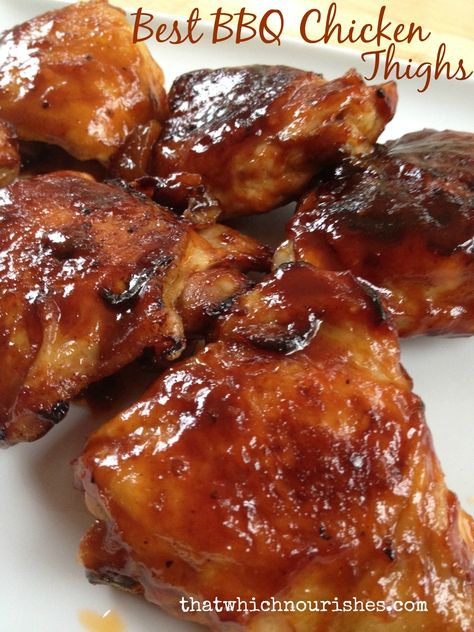 Barbecue chicken thighs are inexpensive and beyond delicious. You can avoid the grill and guesswork and have amazing chicken on the table in just a few easy steps. Chicken Thighs Bbq, Barbecue Chicken Thighs, Baking Chicken, Best Bbq Chicken, Bbq Chicken Thighs, Amazing Chicken, Bbq Shrimp, Nourishing Foods, Baked Chicken Thighs