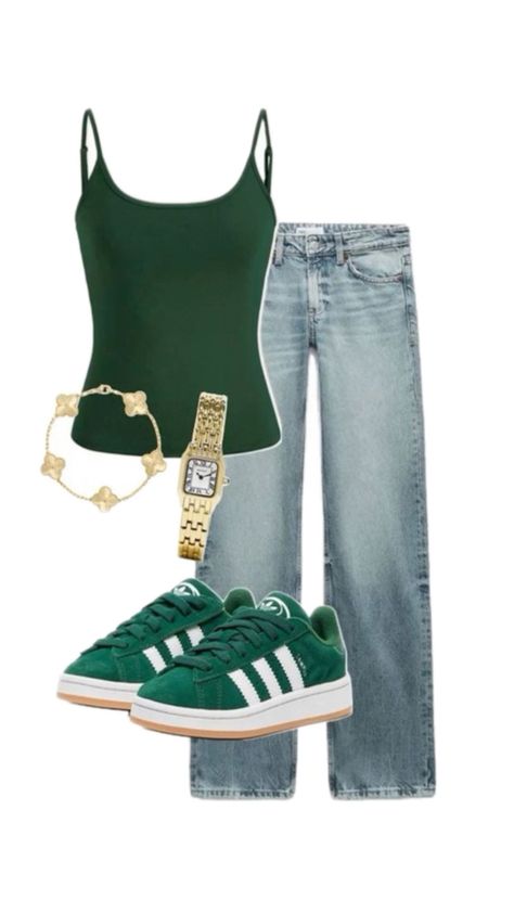 Dark Green Campus 00s Outfit, Green School Outfits, Green Trainers Outfit, Green Adidas Campus Outfit, Adidas Campus Green Outfit, Green Outfit Aesthetic Summer, Green Campus Outfit, Green Fits Aesthetic, Green Campus 00s Outfit