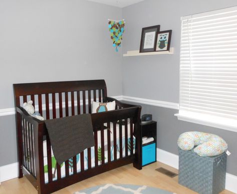 I love the 2 tone grey walls. Light on top, dark on bottom. Dark wood furniture for light floor, or black furniture for dark wood floors 2 Tone Grey Walls, Grey Walls White Trim, Grey Wood Furniture, Dark Wood Bedroom Furniture, Boy Nursery Colors, Two Tone Walls, Baby Boy Nursery Colors, Grey Wood Floors, Dark Wood Furniture