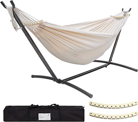 When people lie on the hammock, they feels like a page of boats quietly swaying on the lake, which is very relaxing. The hammock is precisely woven from cotton, which has a strong sense of wrapping and proper elasticity, Enjoying gravity-free relaxation. The assembly of this hammock is very simple, no tools are needed. After the bracket is assembled, the hammock can be hung on the hook of the bracket directly, and it can be easily disassembled as well. Double Hammock With Stand, Hammock With Stand, Camping Garden, People Lie, Portable Hammock, Outdoor Hammock, Brazilian Style, Double Hammock, Backyard Camping